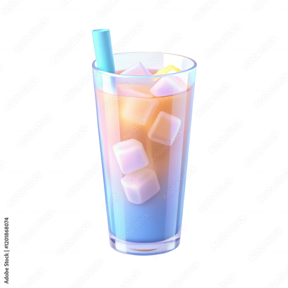 Poster a visually appealing 3d render of a tall glass filled with a colorful drink and ice cubes. refreshin