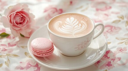 Latte art coffee, macaron, and rose.