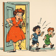 Woman and Two Children Running from Doorway Graphic Illustration Cartoon Style Image