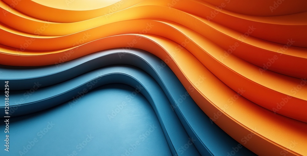 Poster abstract wave patterns in blue and orange hues showcasing smooth curves and dynamic movement for mod