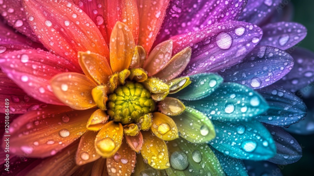 Poster a macro shot of a colorful flower with drops of dew, highlighting the contrast between the vibrant c
