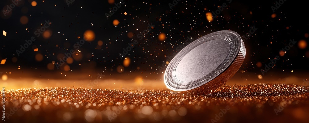 Poster a shimmering coin spins on a textured surface, surrounded by sparkling particles, creating an enchan