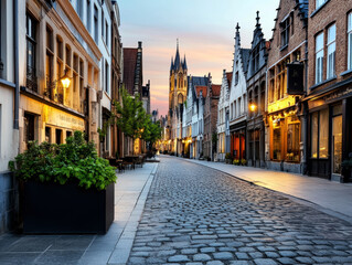 Obraz premium A tranquil evening scene in a picturesque cobblestone street, lined with charming historical buildings, illuminated by warm streetlights under a pastel sky, inviting exploration and cozy moments.