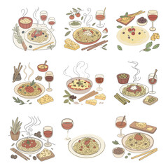 Italian homemade pasta retro vintage doodle drawing. A family dinner, picnic, breakfast, or supper with wine, macaroni, and snacks.