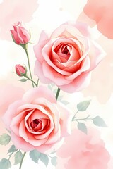 Dainty pink roses blooming and blossoming, lush petals on a dreamy pastel background.