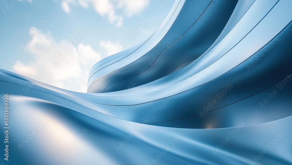 Poster abstract waves of metallic blue and silver create a dynamic and fluid atmosphere, reflecting light u