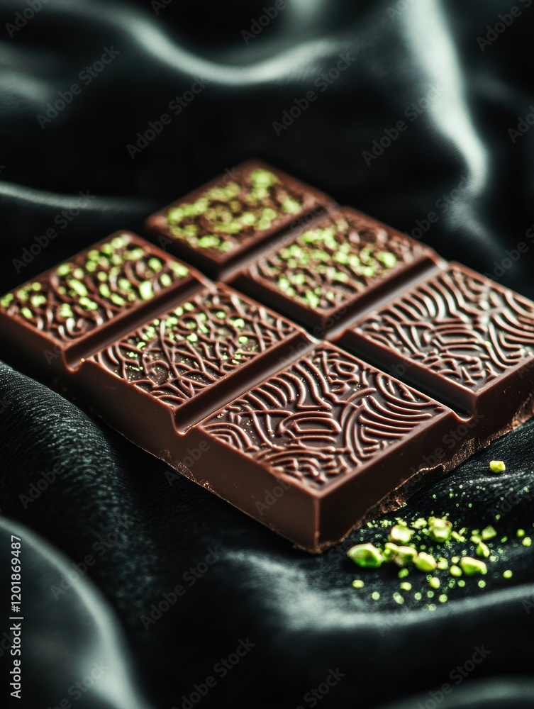 Poster cut chocolate with pistachio filling on a golden plate surrounded by beautiful arabic patterns. gene