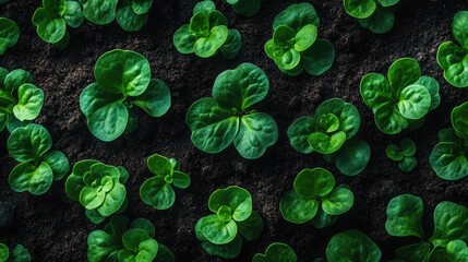 Lush green seedlings sprout in dark soil; overhead view. Ideal for agriculture, gardening, or environmental themes