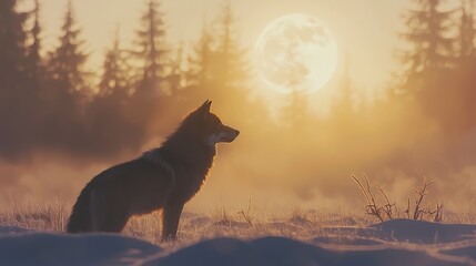 Lone wolf silhouetted at sunrise with full moon.