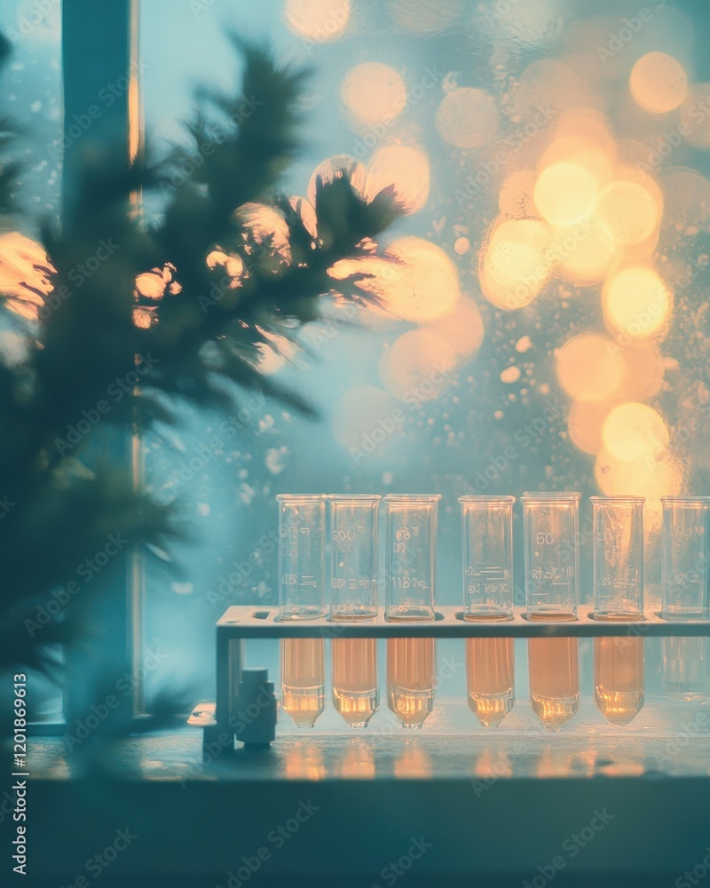 Poster a serene image of a rack of test tubes against a soft-focus background of lab equipment