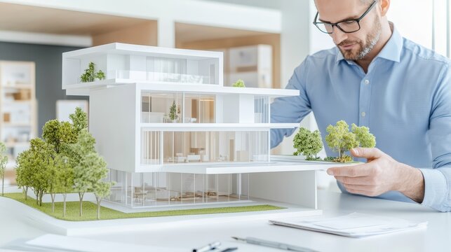 Man exploring architectural model detailed look at residential housing design and investment