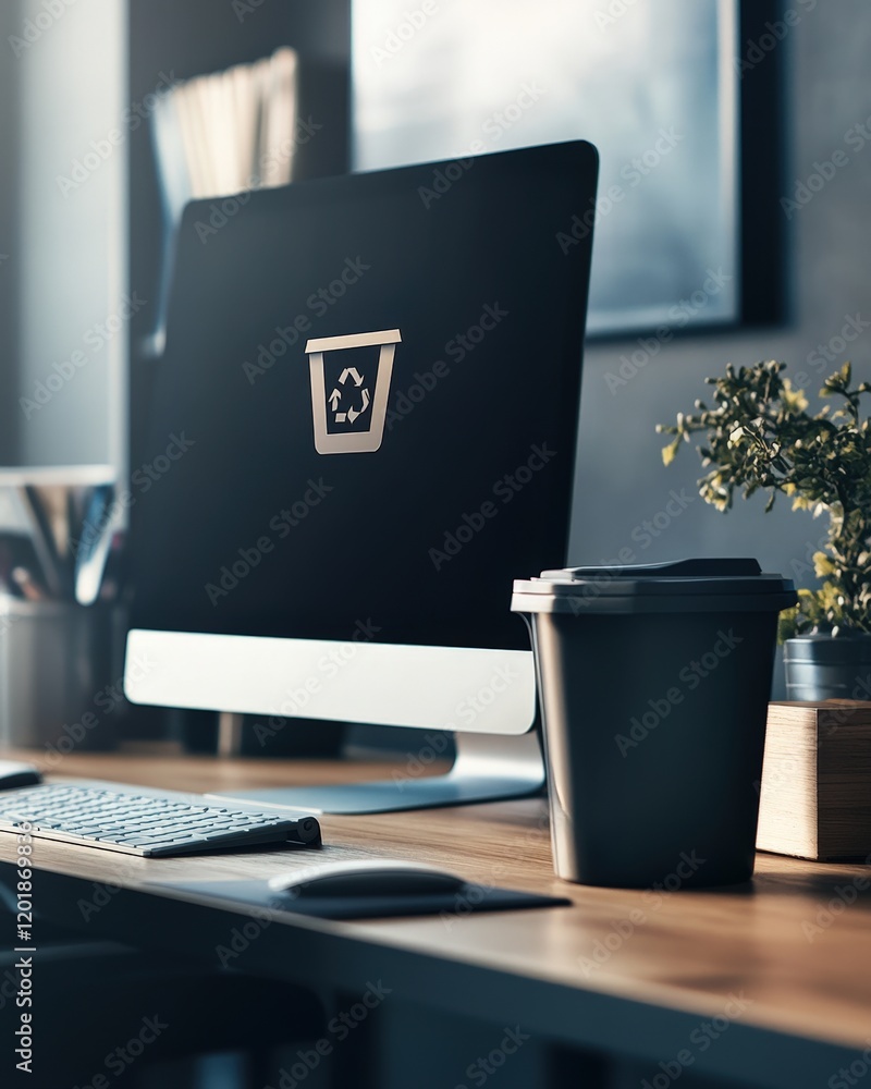 Aufkleber a serene image of a recycle bin icon on a desktop screen, surrounded by a clean workspace