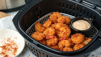Air fryer basket filled with spicy bang bang sClose-up of spicy mayo sauce on plate with bang bang shrimp, food, condiment, flavorful
