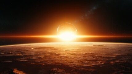 The image captures a breathtaking sunrise over a rocky, reddish planet surface, with the sun glowing behind a distant celestial body. A beautiful cosmic scene.