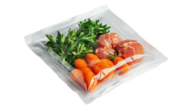 Fresh vegetables and chicken meat packaged in a vacuum bag, showcasing the importance of food preservation for healthier meal preparation.