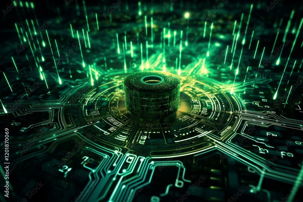 Poster futuristic quantum computing core processing data on a cyberpunk motherboard, illuminated by glowing