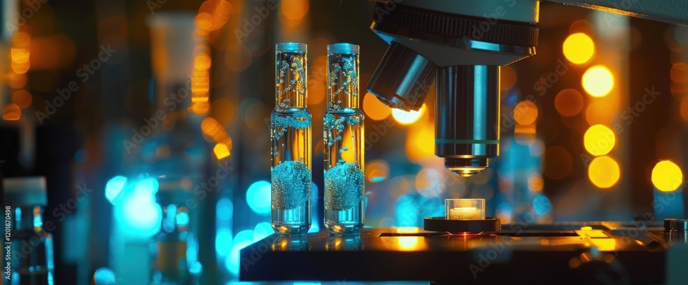 Poster lab research microscope views samples, bokeh background. science study