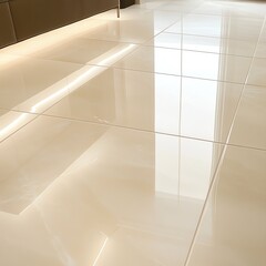 Obraz premium Soft cream ceramic tiles with polished reflections, precise grout lines, and clean alignment, lit naturally