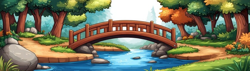 illustration serene bridge in lush forest tranquil nature landscape