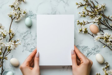 a blank white invitation mockup, size is 5 by 7 inches in portrait orientation, held by an elegant hand