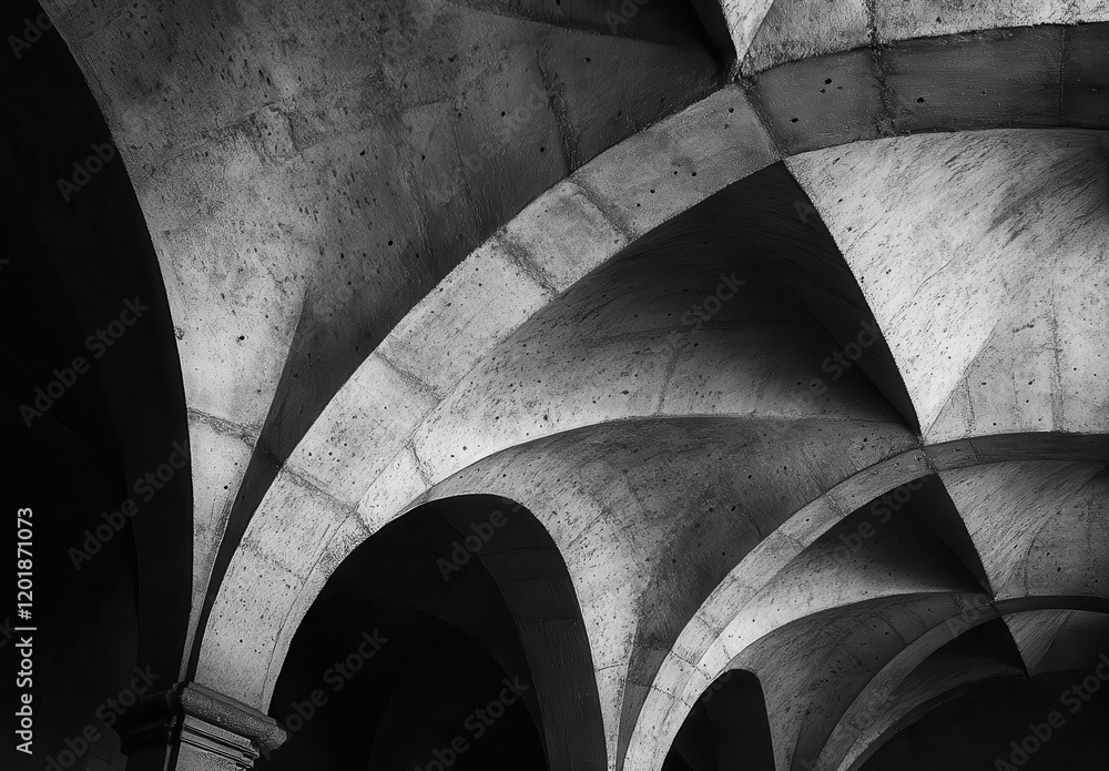 Poster an artistic interpretation of industrial architecture showcasing geometric shapes and shadows in a m