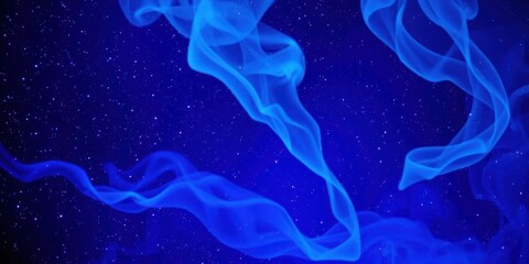 Fototapeta premium Abstract Blue Smoke Swirls and Glimmering Dust Particles on a Deep Blue Background