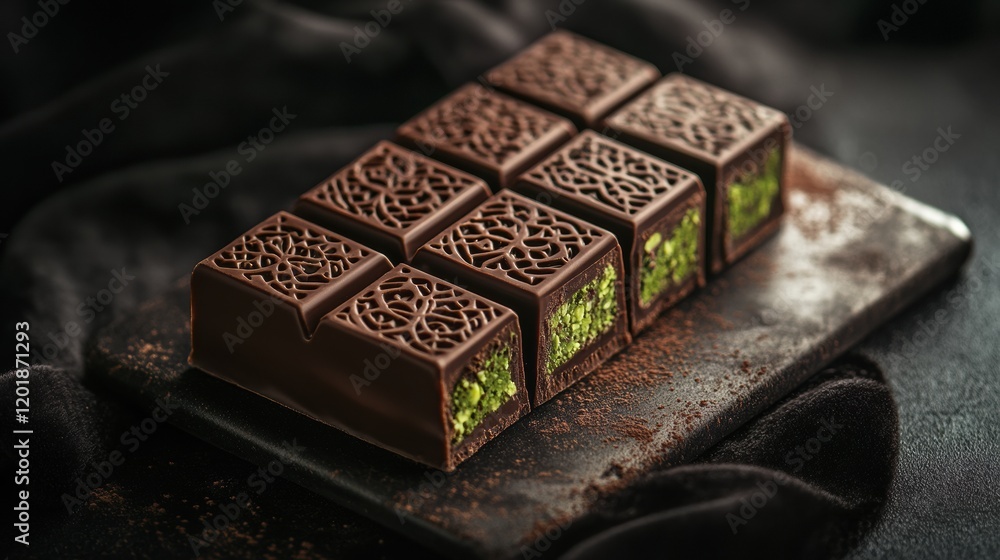 Poster delicious chocolate with pistachio filling presented elegantly on a golden plate surrounded by intri
