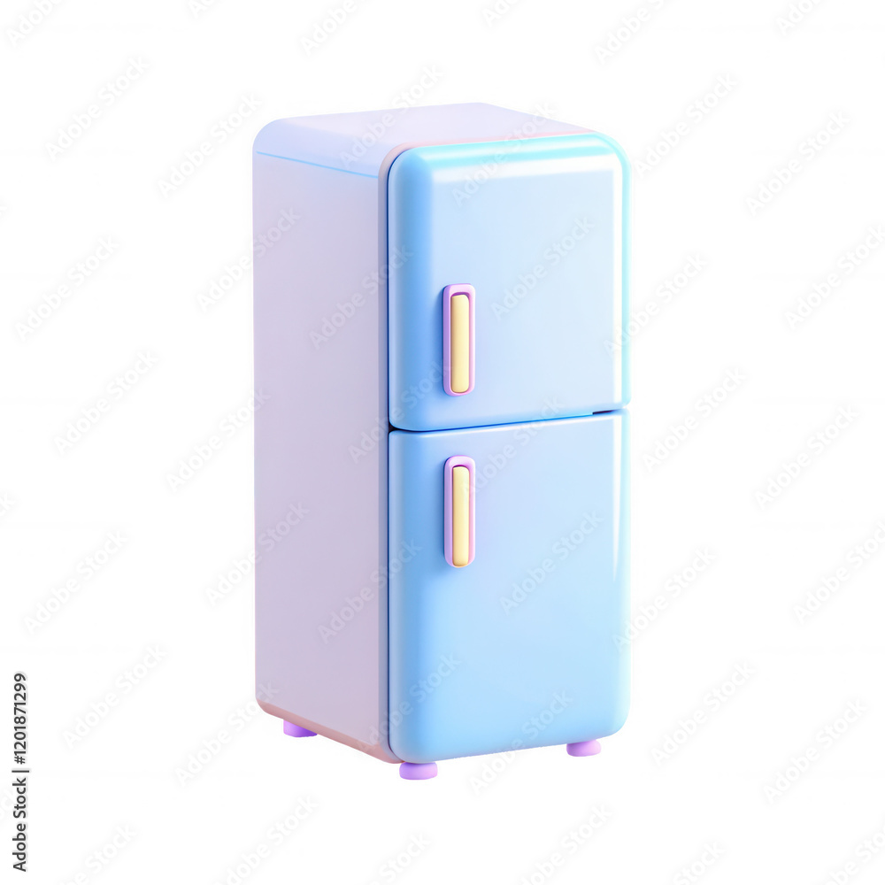 Poster a cute 3d render of a retro-style refrigerator in pastel colors, emphasizing a modern design with so