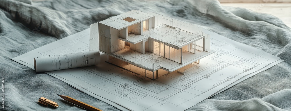 Poster architectural model design on blueprint with natural light showcasing modern residential space in a 
