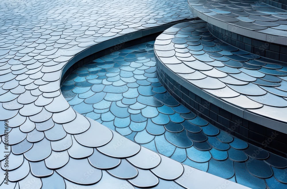 Poster artistic architectural design featuring unique metallic scales on steps over a reflective surface in