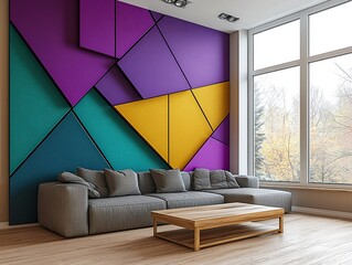 Modern minimalist interior design of a residential living room with walls decorated with color panels and sofa and table. Generative AI
