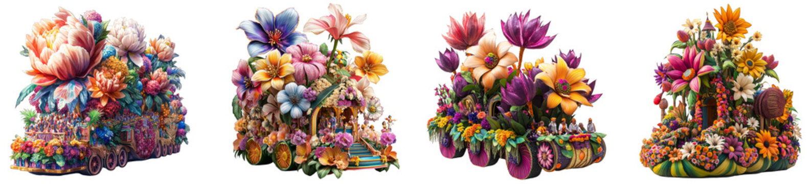 Colorful floral parade floats adorned with vibrant flowers and festive decorations