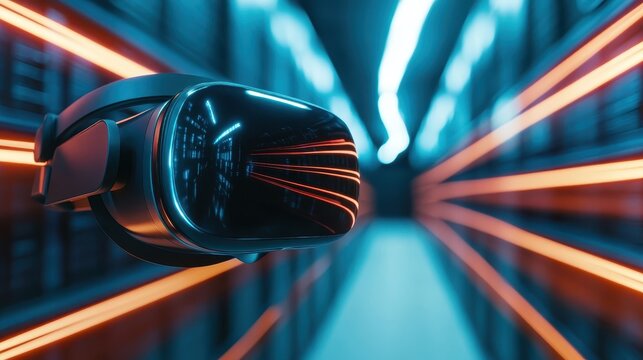 A sleek VR headset is illuminated in a vibrant, energetic server corridor, illustrating the dynamic potential of virtual reality in an interconnected world.