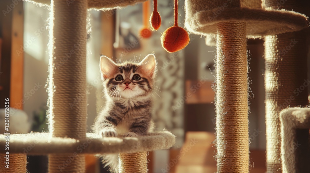 Poster A playful scene of a kitten exploring a multi-level cat house, filled with scratching posts and hanging toys, capturing the curiosity and energy of young cats.
