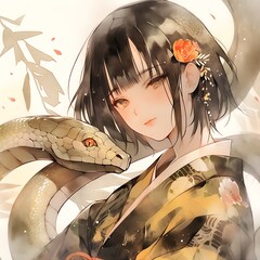 Anime Girl with Snake and Floral Hair Accessory on Light Background with Artistic Watercolor Style