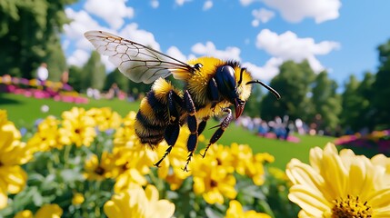 Close-up of a bee hovering over vibrant yellow flowers in a sunny park with people in the background