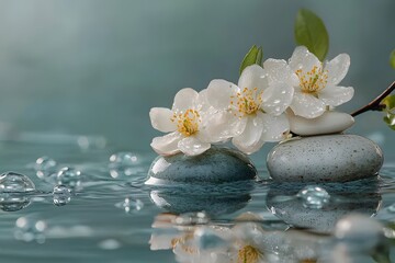 Tranquil Spa Setting with Blossom and Stones for Relaxation and Serenity