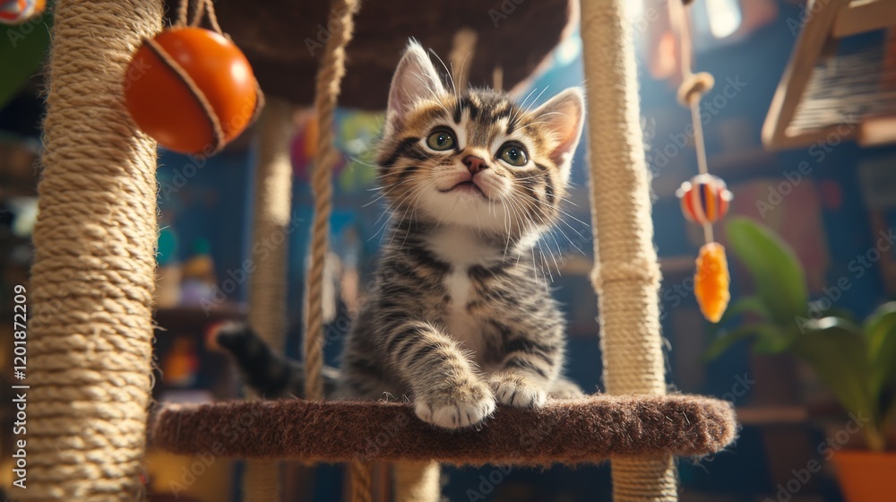 Poster A playful scene of a kitten exploring a multi-level cat house, filled with scratching posts and hanging toys, capturing the curiosity and energy of young cats.