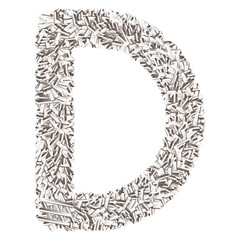 Letter D made of piled silver cylinders creating a 3D effect on a black background
