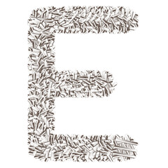 Capital Letter E Constructed from 3D Silver Cylinders on a Black Background