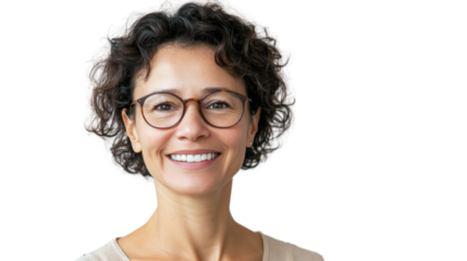 A smiling woman with curly hair and glasses, exuding confidence and warmth. Ideal for personal or professional use, showcasing joy and positivity.