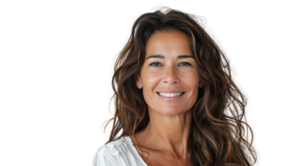 A cheerful woman with wavy brown hair smiles warmly, embodying positivity and confidence. She represents happiness and self-assurance.