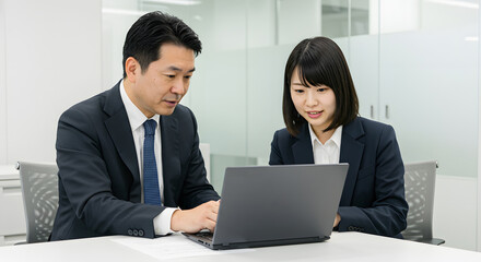 Obraz premium Asian business colleagues reviewing work on laptop in modern corporate office setting