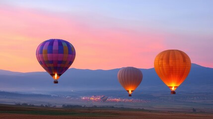 Naklejka premium Hot air balloons fly at sunrise over misty valley