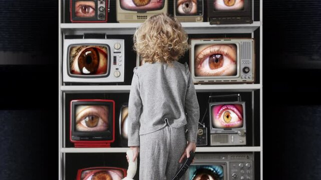 small girl watches a televisions wall 
