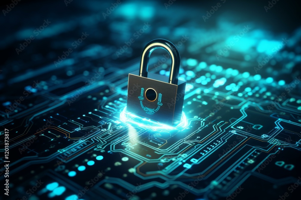 Poster cybersecurity concept with closed padlock glowing over electronic circuit, representing data protect