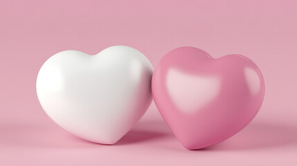 Two simple white and pink hearts, pink background, 3D rendering, minimalist design, cute style, no shadows, soft lighting, high details, high quality
