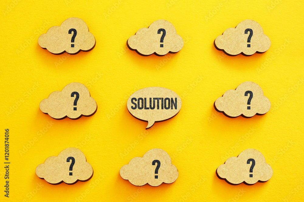 Poster To find a creative business solution for a specific problem. Searching for a solution. Problem solution message in speech bubble on orange background