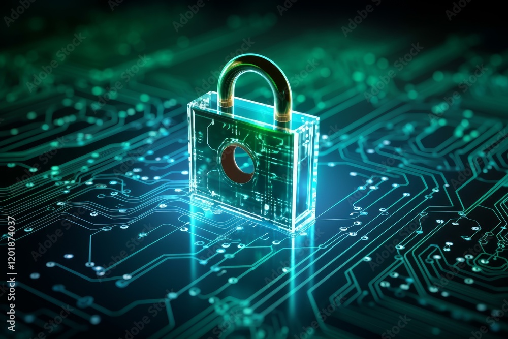 Poster cybersecurity concept with glowing padlock securing sensitive information on electronic circuit boar