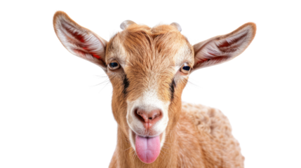 A close-up portrait of a playful goat sticking out its tongue, showcasing its expressive features and adorable personality, perfect for animal lovers.